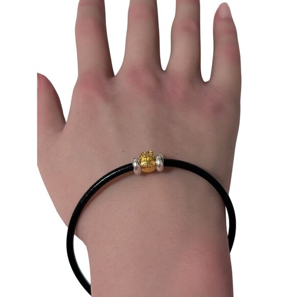 18K Gold Money Bag Leather Cord Bracelet 925 Sterling Silver Clasp Stopper Beads - Picture 3 of 7